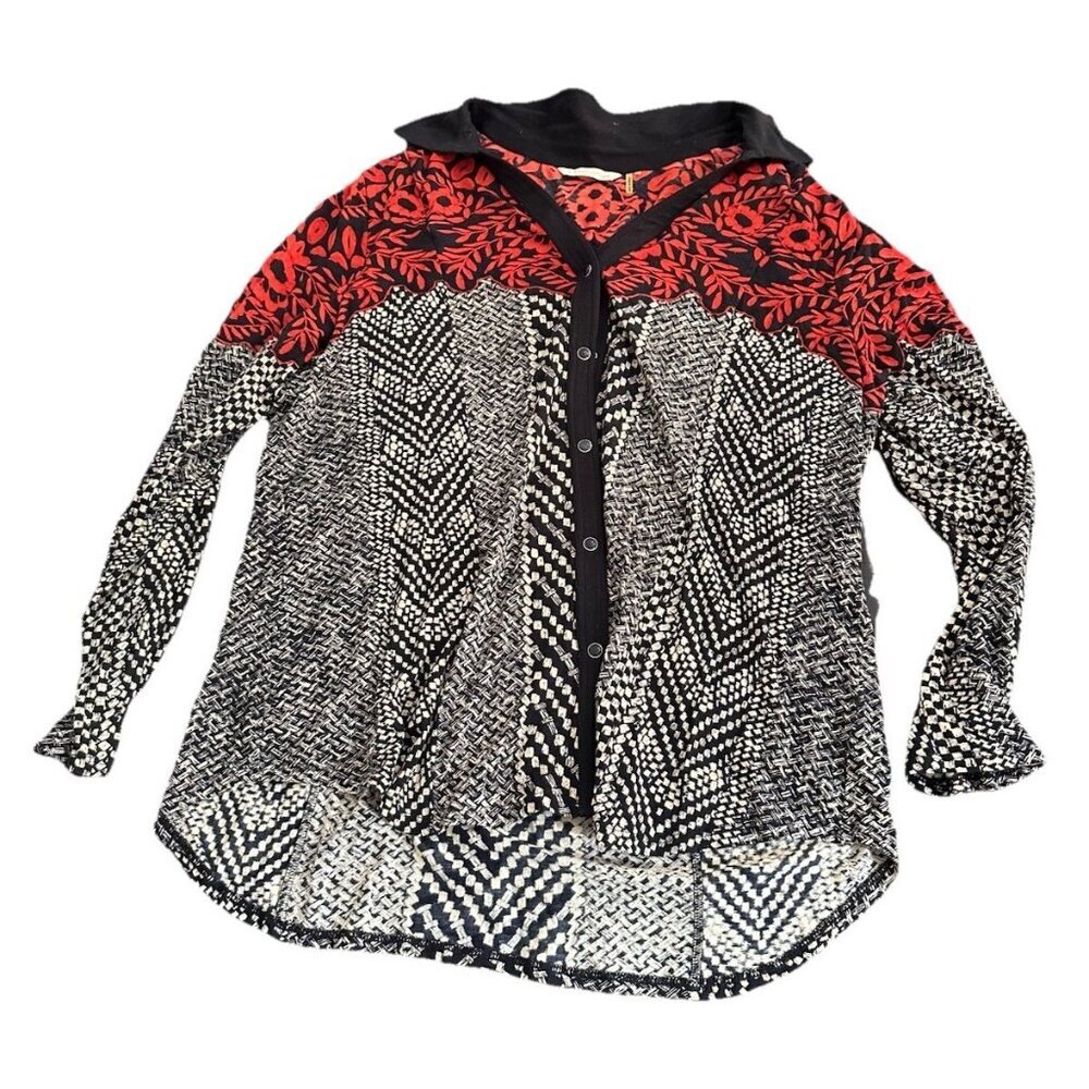 Soft Surroundings Shirt Womens Xl Pearl Snap Black White Red V Neck Flowy